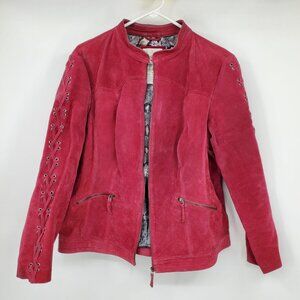 OSO Women's Red Suede Leather Lace Up Sleeve Look Zip Up Jacket Size 1X